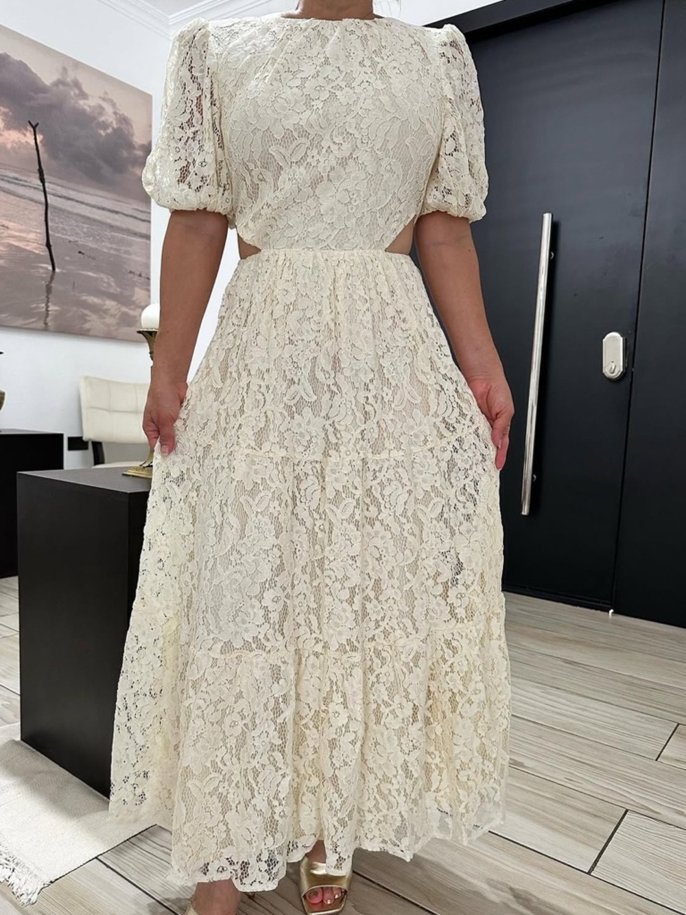Elegant Lace Cutout Maxi Dress in Cream